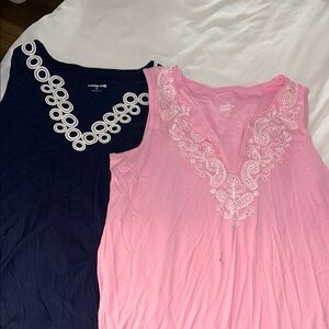 TWO Lands' End Women's Pink and Navy Embroidered dress